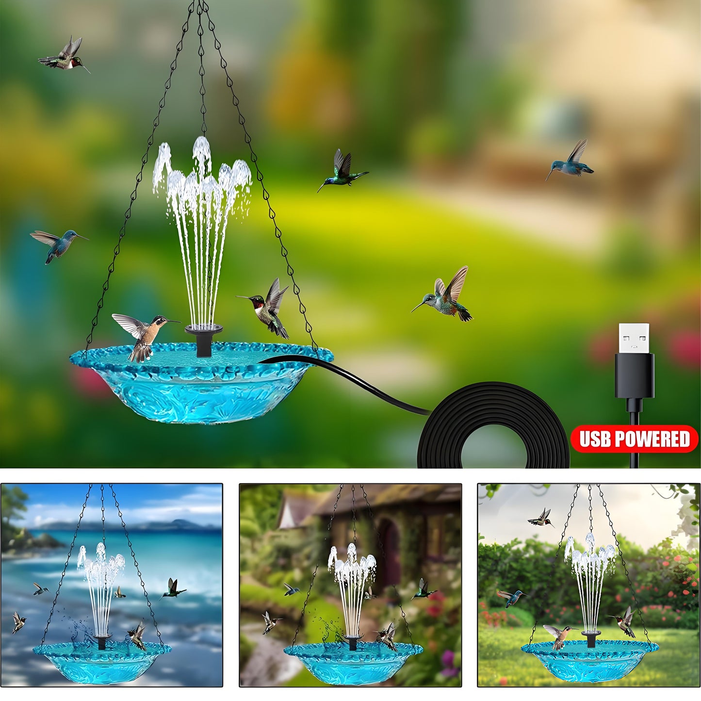 Rywell Solar Hummingbird Bath Fountain – Hanging Hummingbird Feeder & Bird Bath with Floating Solar Fountain for Outdoor Garden Decor