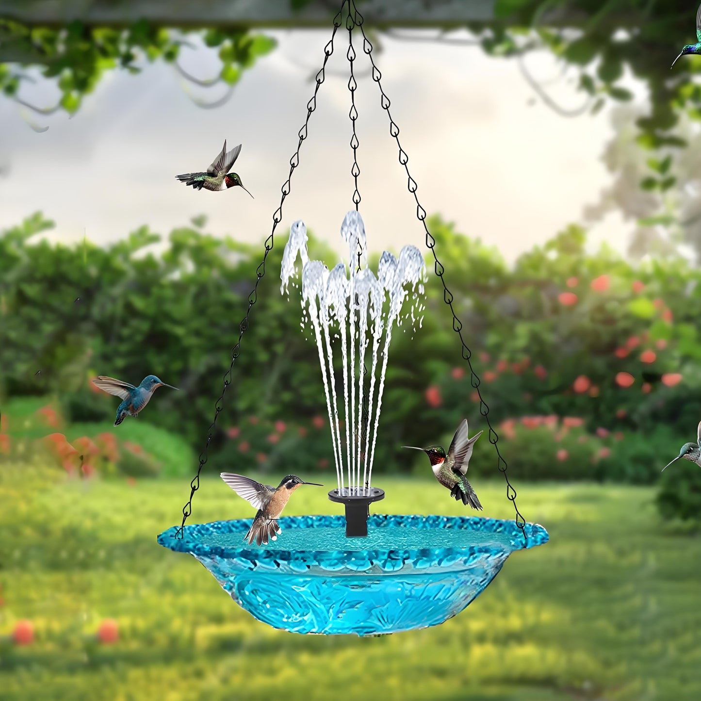 Rywell Solar Hummingbird Bath Fountain – Hanging Hummingbird Feeder & Bird Bath with Floating Solar Fountain for Outdoor Garden Decor