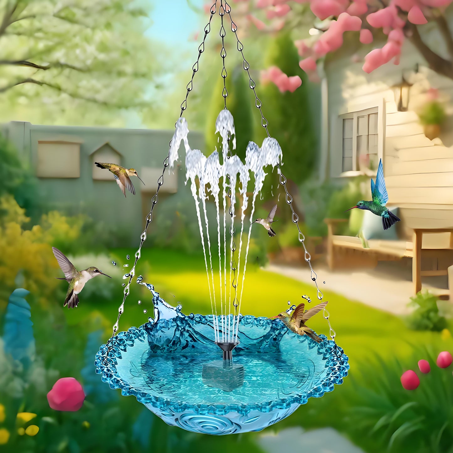 Rywell Solar Hummingbird Bath Fountain – Hanging Hummingbird Feeder & Bird Bath with Floating Solar Fountain for Outdoor Garden Decor