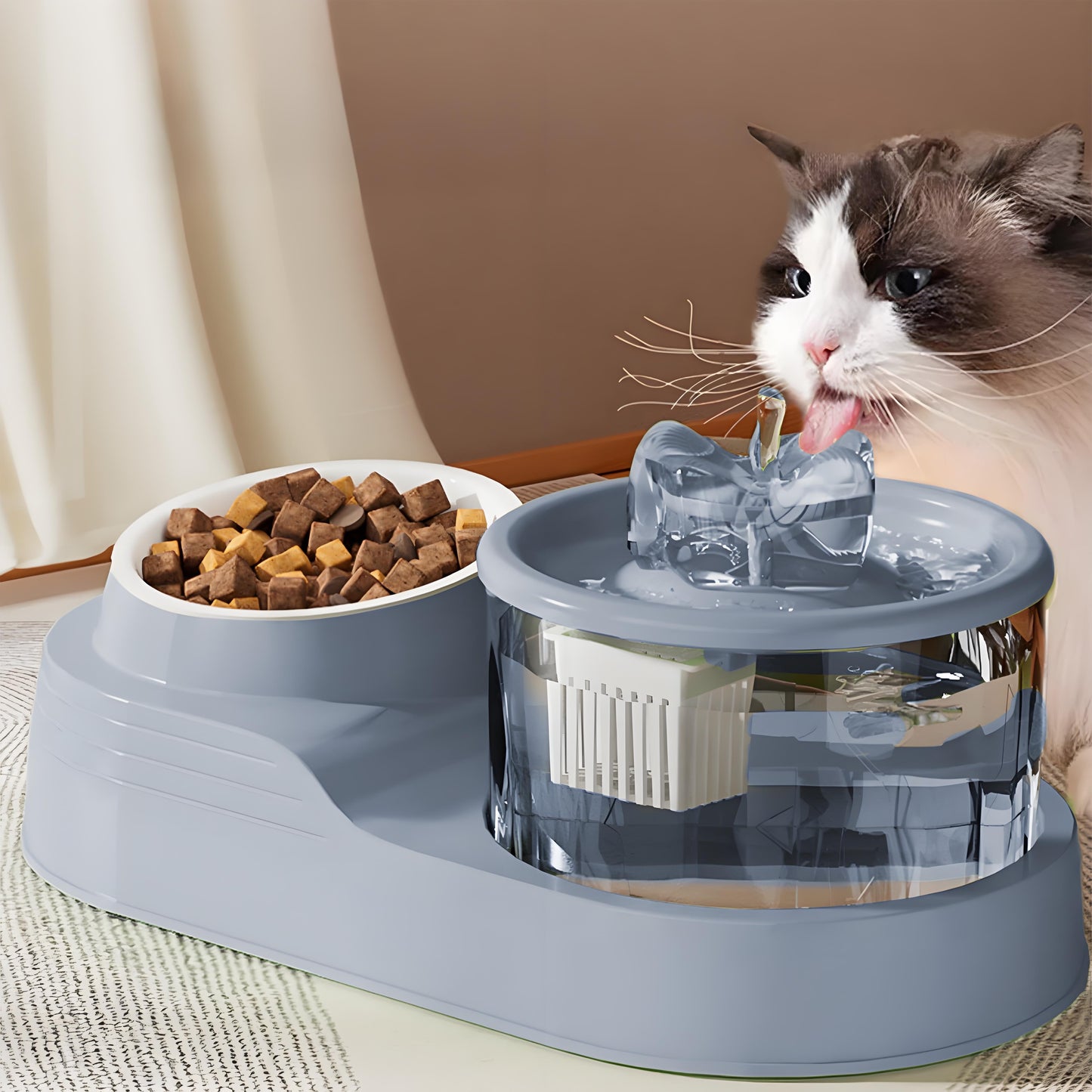 Rywell Automatic Cat Water Fountain with Food Bowl, 2-in-1 Pet Feeder and Water Dispenser, Splash-Free Anti-Slip Cat Drinking Fountain for Cats & Small Dogs