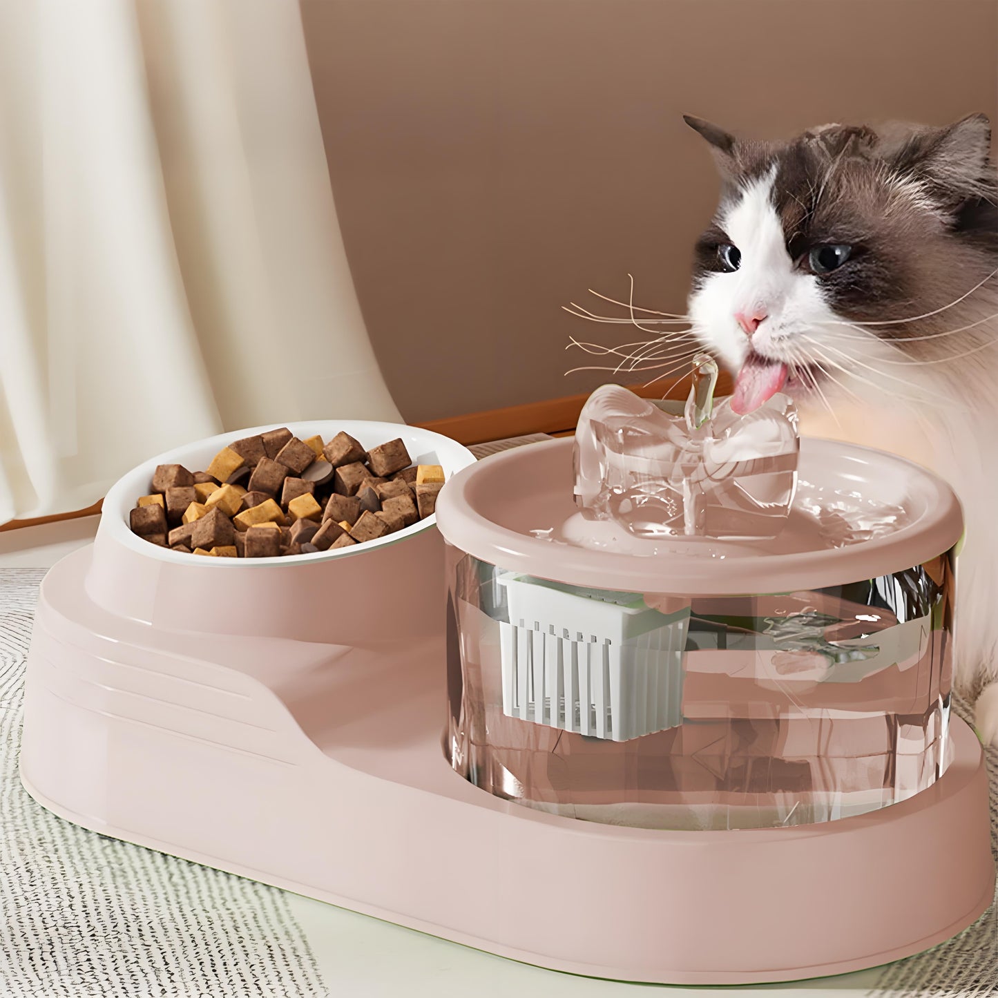 Rywell Automatic Cat Water Fountain with Food Bowl, 2-in-1 Pet Feeder and Water Dispenser, Splash-Free Anti-Slip Cat Drinking Fountain for Cats & Small Dogs