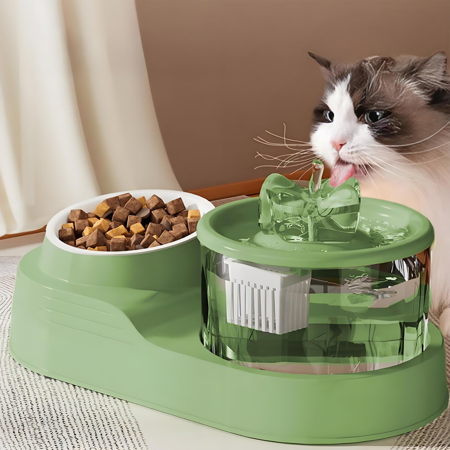 Rywell Automatic Cat Water Fountain with Food Bowl, 2-in-1 Pet Feeder and Water Dispenser, Splash-Free Anti-Slip Cat Drinking Fountain for Cats & Small Dogs