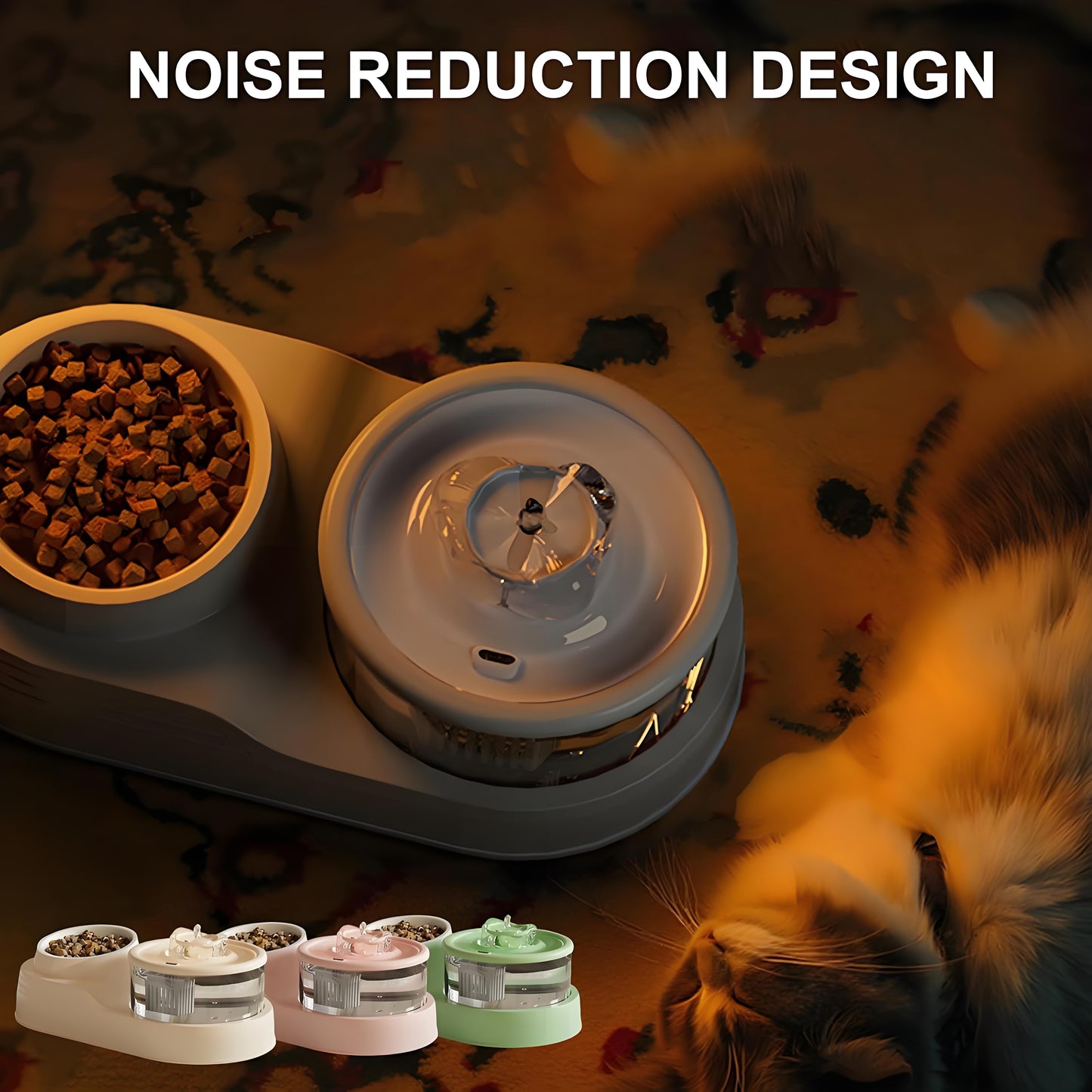 Rywell Automatic Cat Water Fountain with Food Bowl, 2-in-1 Pet Feeder and Water Dispenser, Splash-Free Anti-Slip Cat Drinking Fountain for Cats & Small Dogs