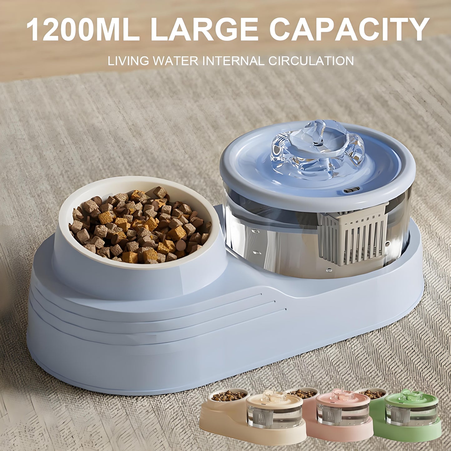 Rywell Automatic Cat Water Fountain with Food Bowl, 2-in-1 Pet Feeder and Water Dispenser, Splash-Free Anti-Slip Cat Drinking Fountain for Cats & Small Dogs