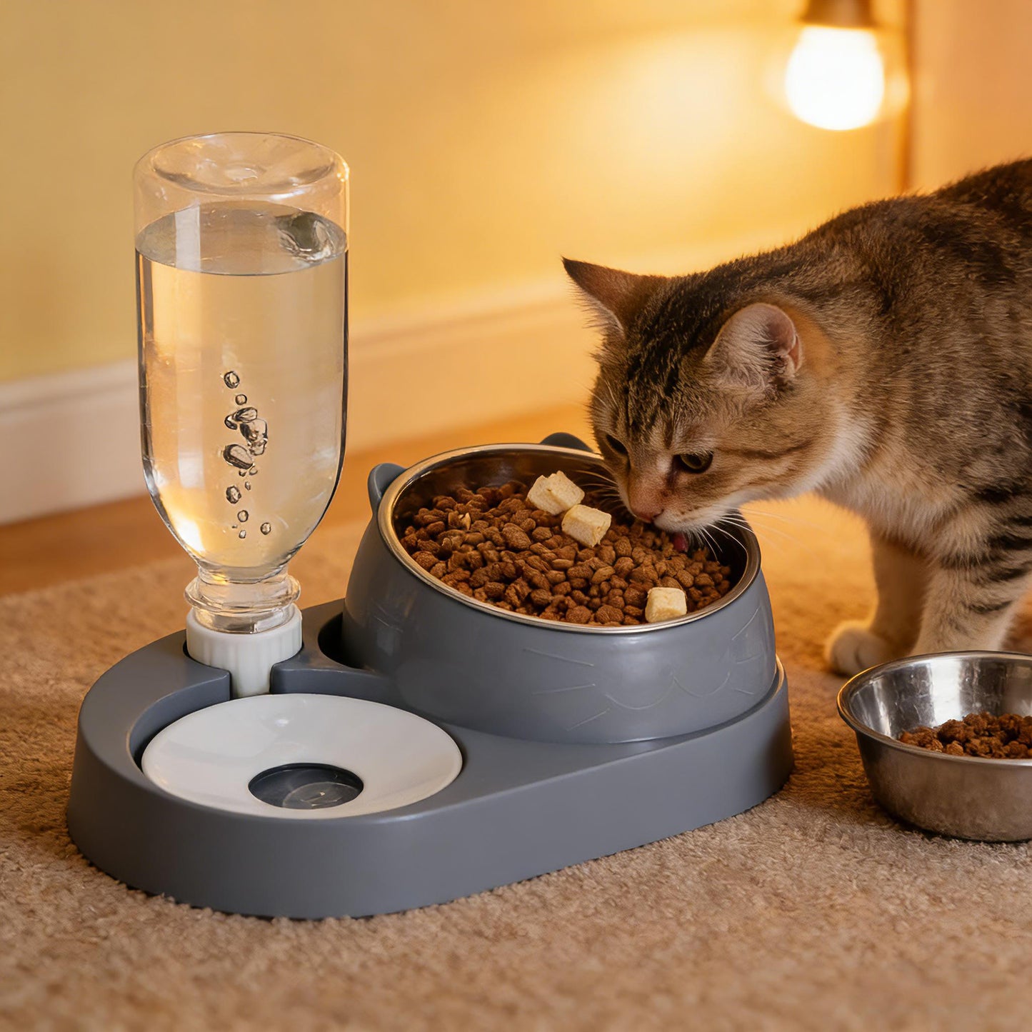 Rywell 2-in-1 Raised Cat Bowl Set with Gravity Water Dispenser, 15° Tilted Elevated Pet Feeder for Cats & Dogs, Anti-Spill Neck Protection Feeding Station