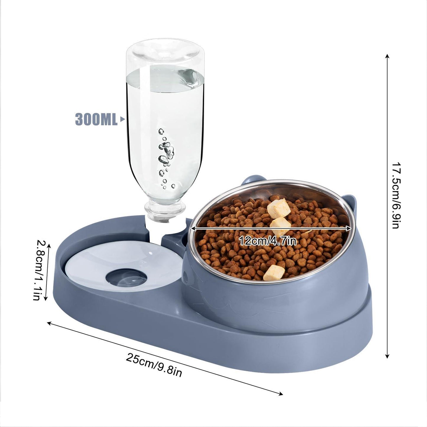 Rywell 2-in-1 Raised Cat Bowl Set with Gravity Water Dispenser, 15° Tilted Elevated Pet Feeder for Cats & Dogs, Anti-Spill Neck Protection Feeding Station