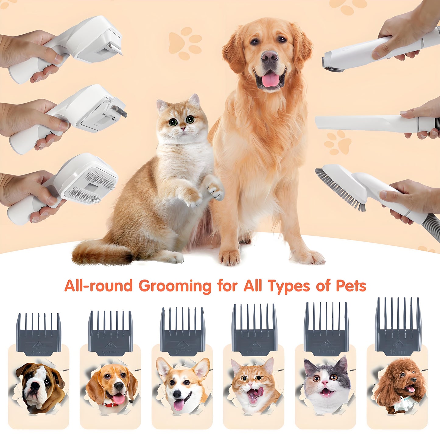 Rywell Pet Grooming Vacuum Kit for Dogs & Cats – Hair Clipper, Shedding Brush & Low Noise Pet Hair Remover