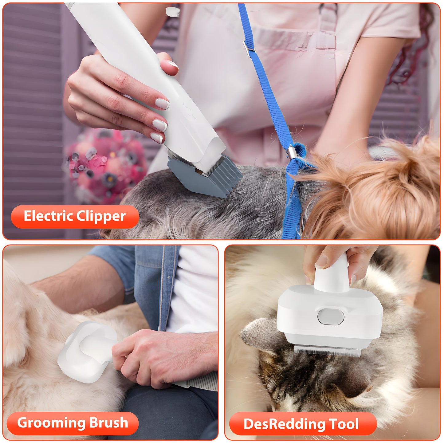 Rywell Pet Grooming Vacuum Kit for Dogs & Cats – Hair Clipper, Shedding Brush & Low Noise Pet Hair Remover