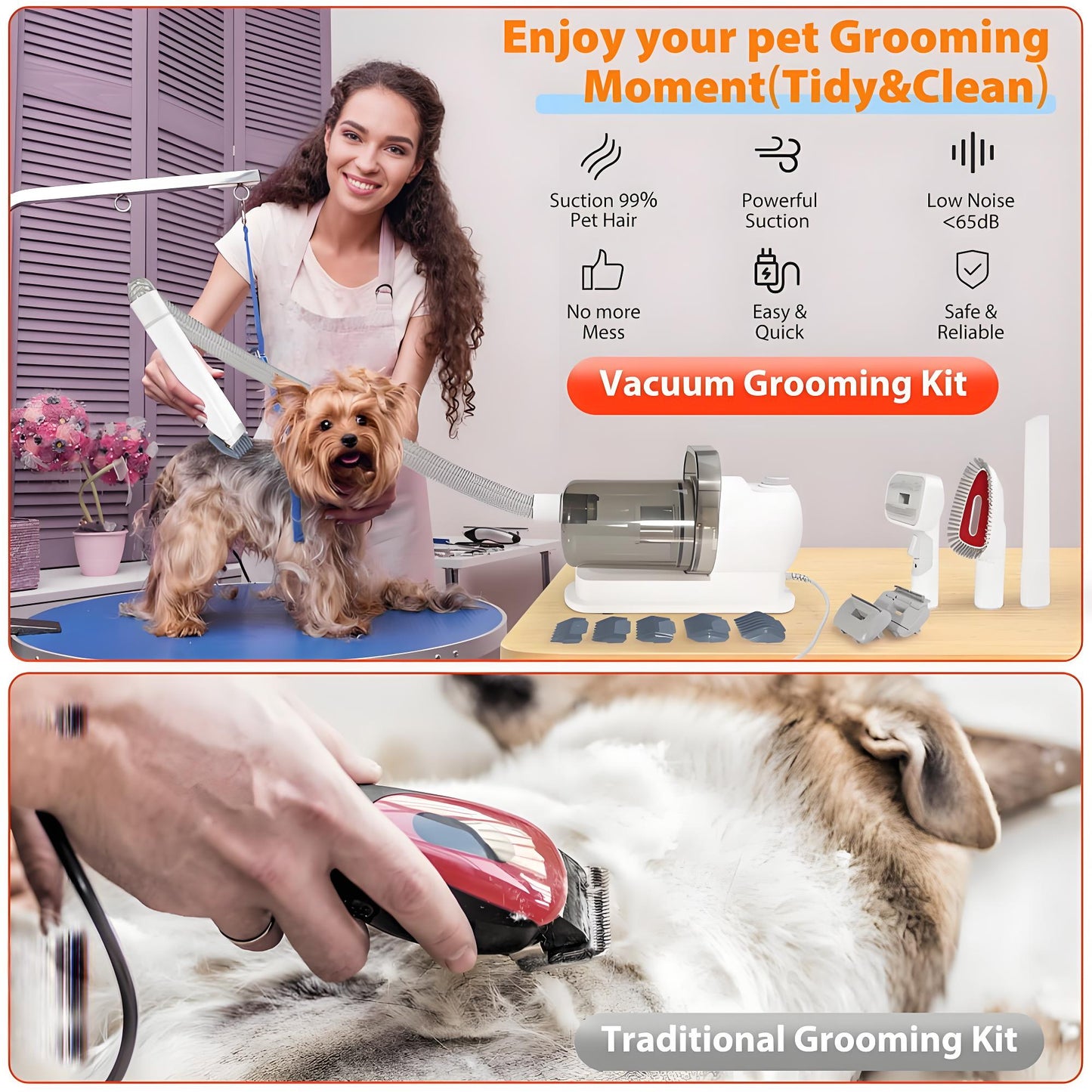 Rywell Pet Grooming Vacuum Kit for Dogs & Cats – Hair Clipper, Shedding Brush & Low Noise Pet Hair Remover