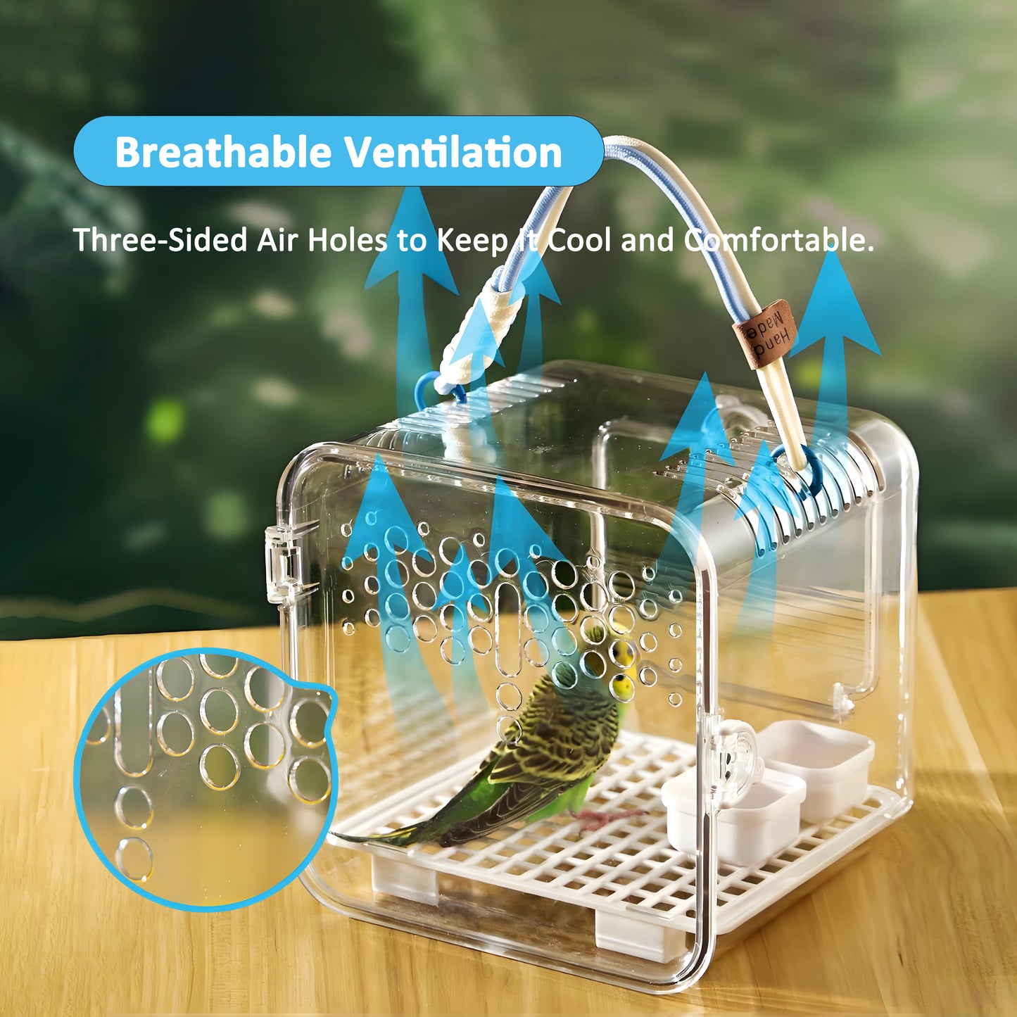 Rywell Portable Clear Bird Carrier with Built-in Feeding & Water System, Breathable Travel Cage for Parrot, Budgie, Cockatiel & Small Pets
