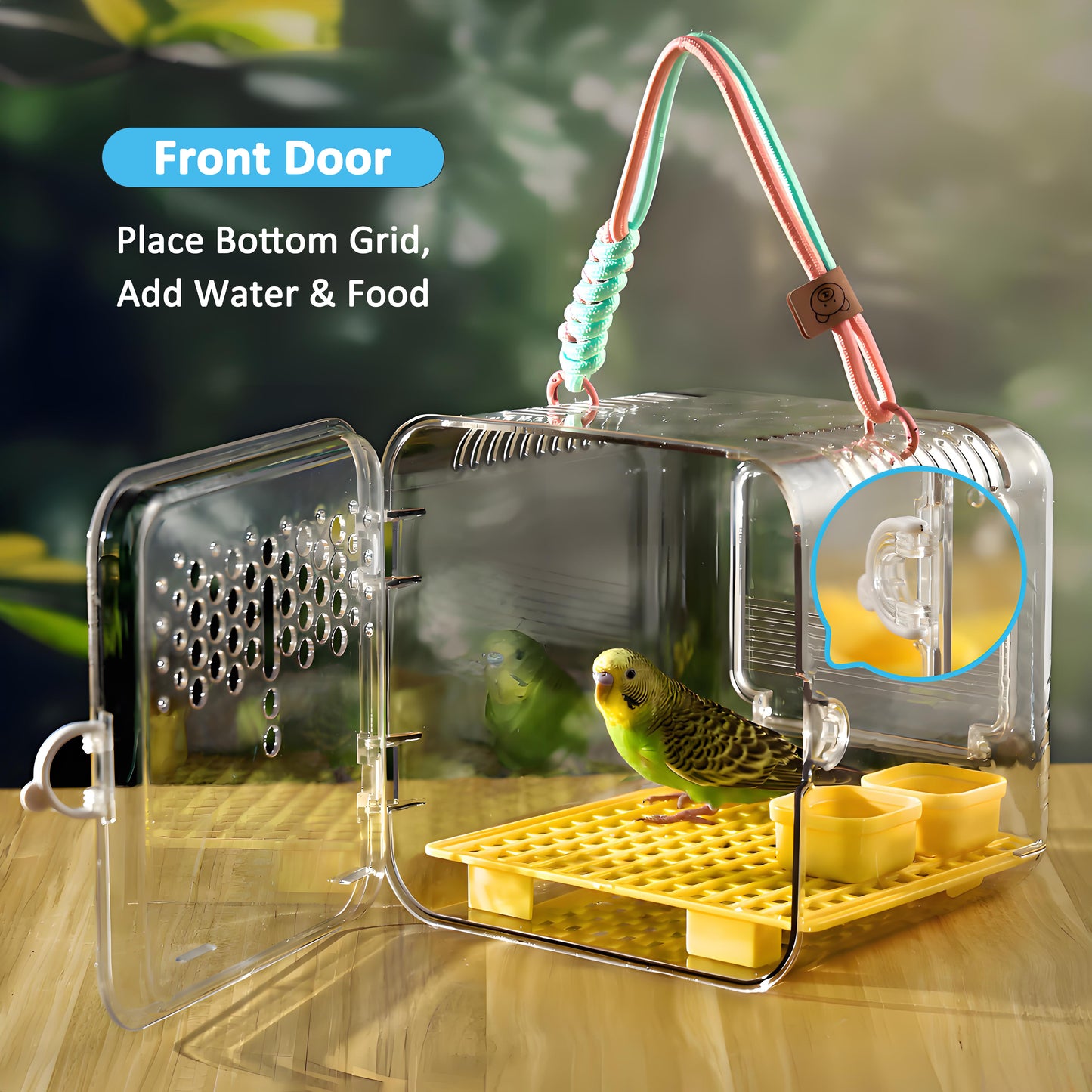 Rywell Portable Clear Bird Carrier with Built-in Feeding & Water System, Breathable Travel Cage for Parrot, Budgie, Cockatiel & Small Pets