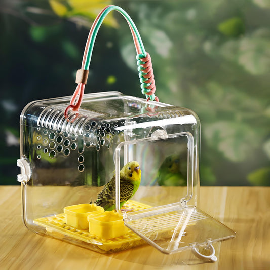 Rywell Portable Clear Bird Carrier with Built-in Feeding & Water System, Breathable Travel Cage for Parrot, Budgie, Cockatiel & Small Pets