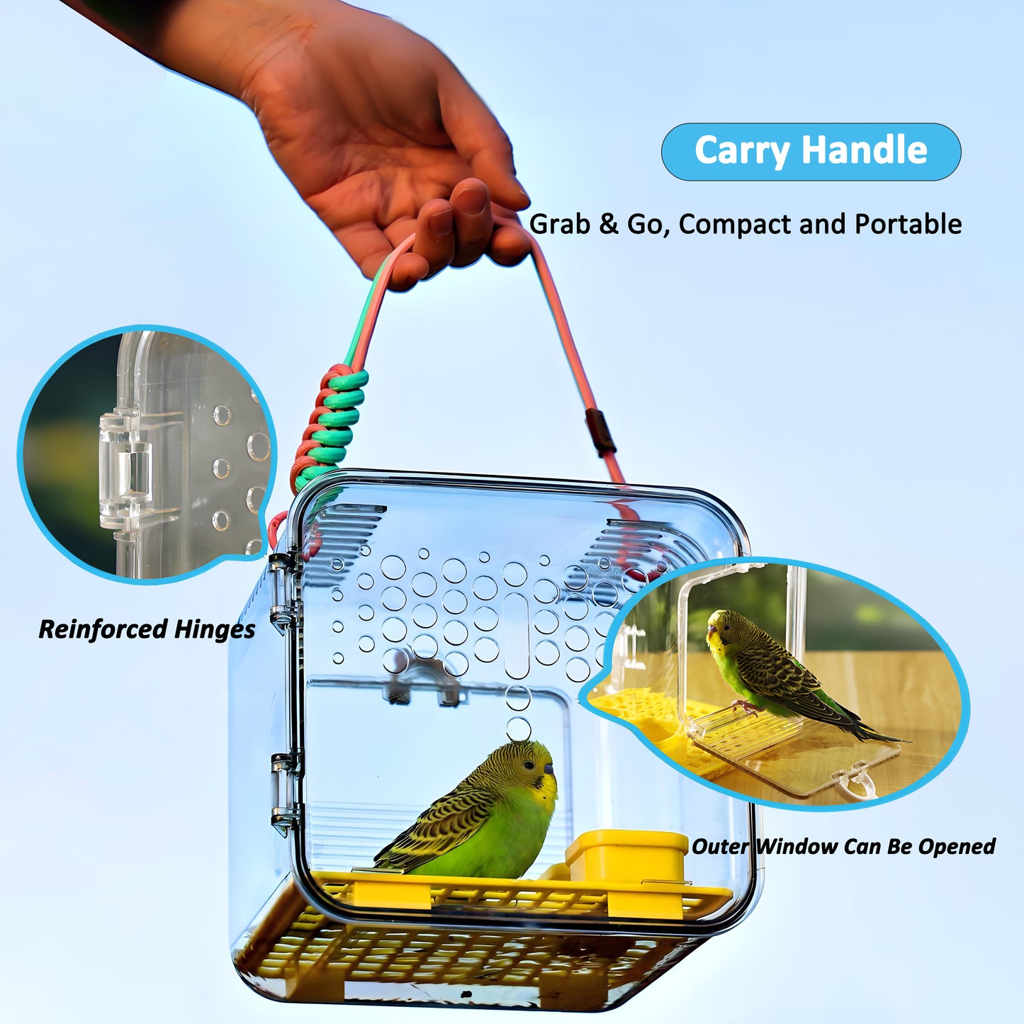 Rywell Portable Clear Bird Carrier with Built-in Feeding & Water System, Breathable Travel Cage for Parrot, Budgie, Cockatiel & Small Pets