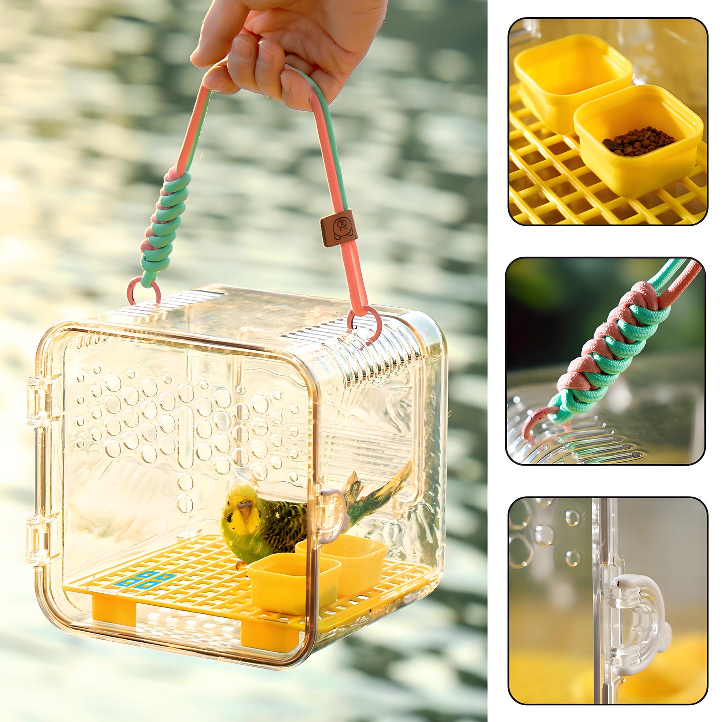 Rywell Portable Clear Bird Carrier with Built-in Feeding & Water System, Breathable Travel Cage for Parrot, Budgie, Cockatiel & Small Pets
