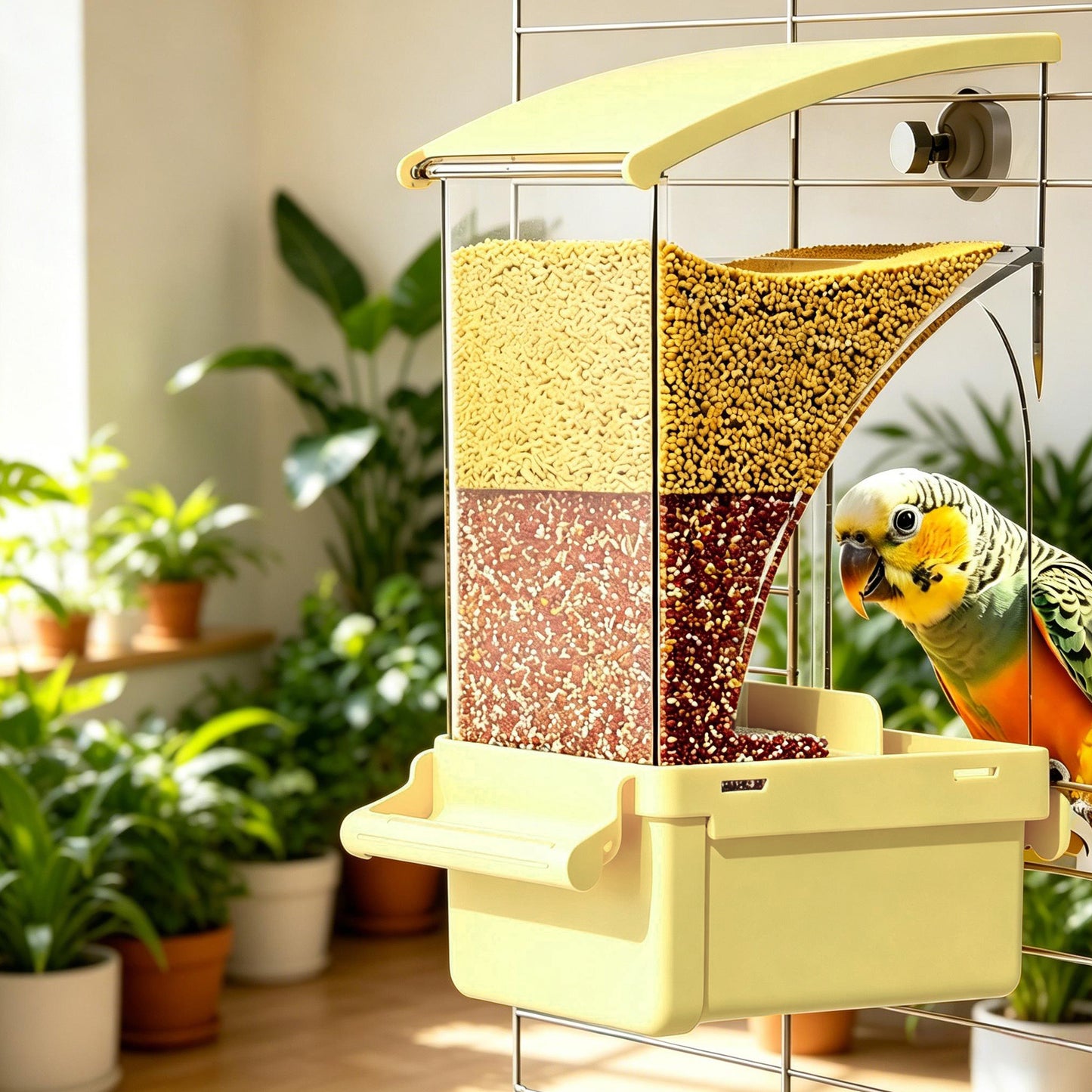 Rywell Automatic No Mess Bird Feeder with Perch – Acrylic Bird Cage Seed Food Container for Parakeets, Budgies, Finches, Lovebirds & Canaries