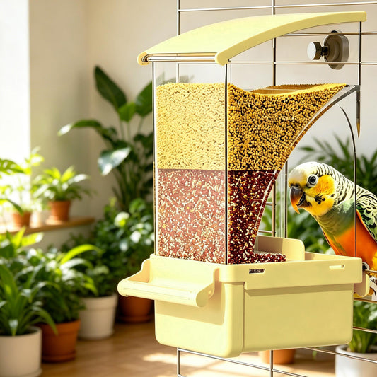 Rywell Automatic No Mess Bird Feeder with Perch – Acrylic Bird Cage Seed Food Container for Parakeets, Budgies, Finches, Lovebirds & Canaries