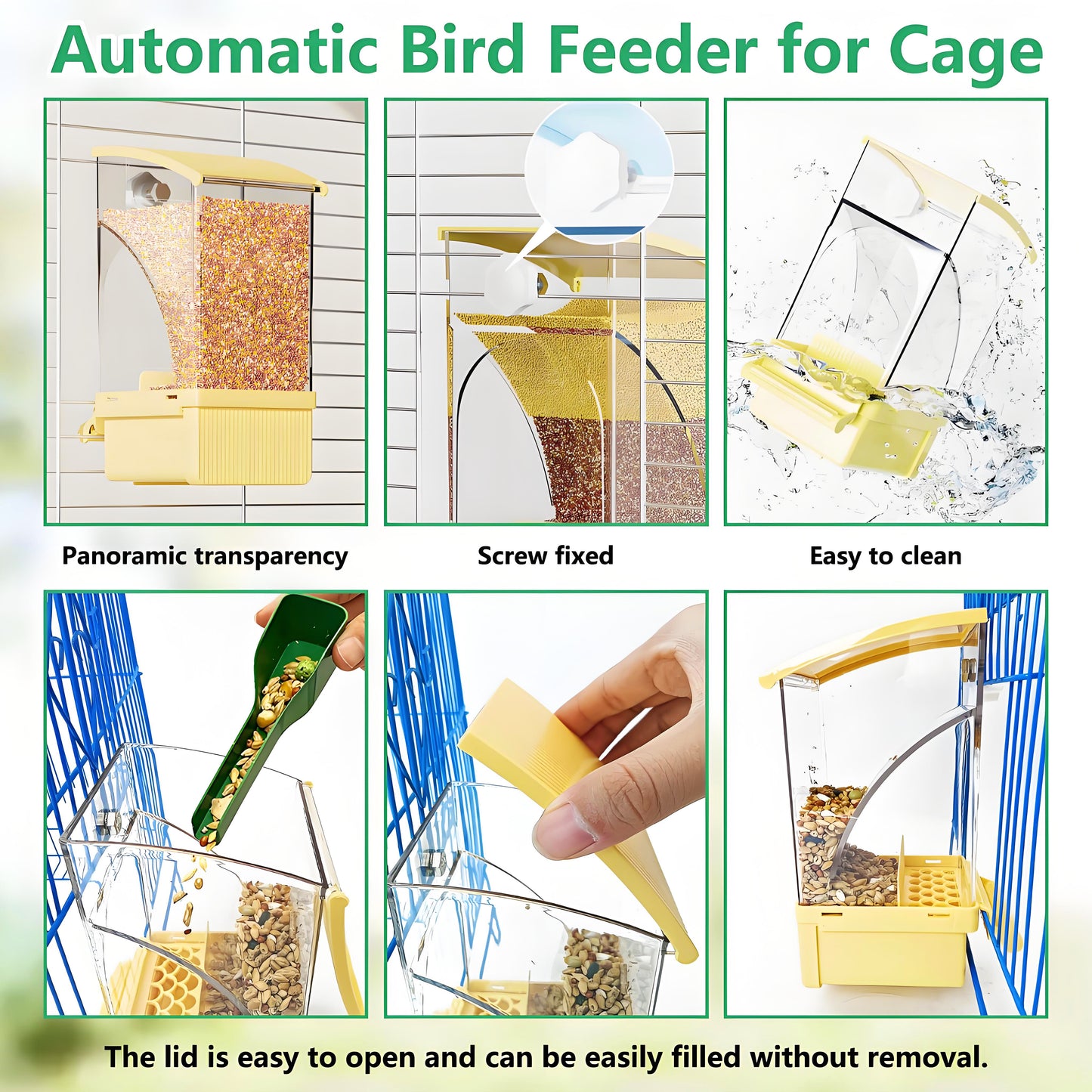 Rywell Automatic No Mess Bird Feeder with Perch – Acrylic Bird Cage Seed Food Container for Parakeets, Budgies, Finches, Lovebirds & Canaries