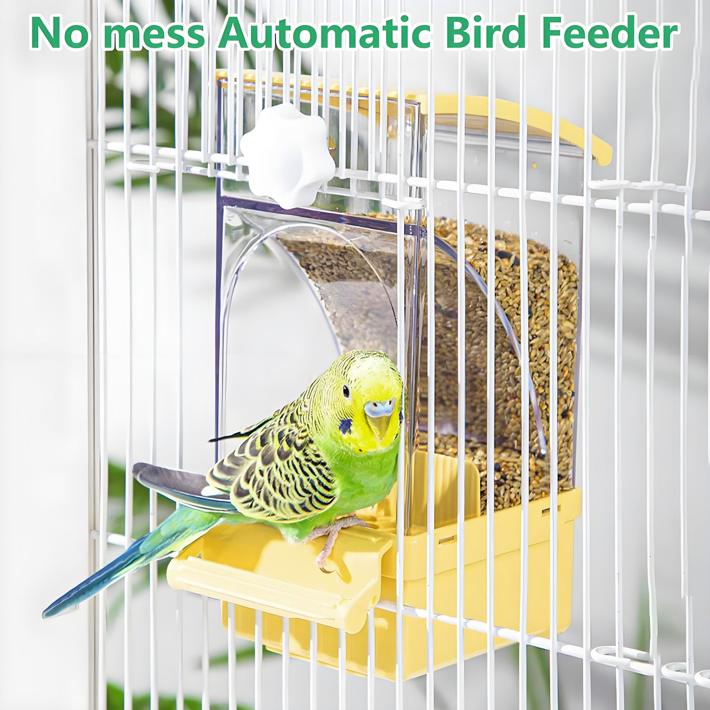 Rywell Automatic No Mess Bird Feeder with Perch – Acrylic Bird Cage Seed Food Container for Parakeets, Budgies, Finches, Lovebirds & Canaries