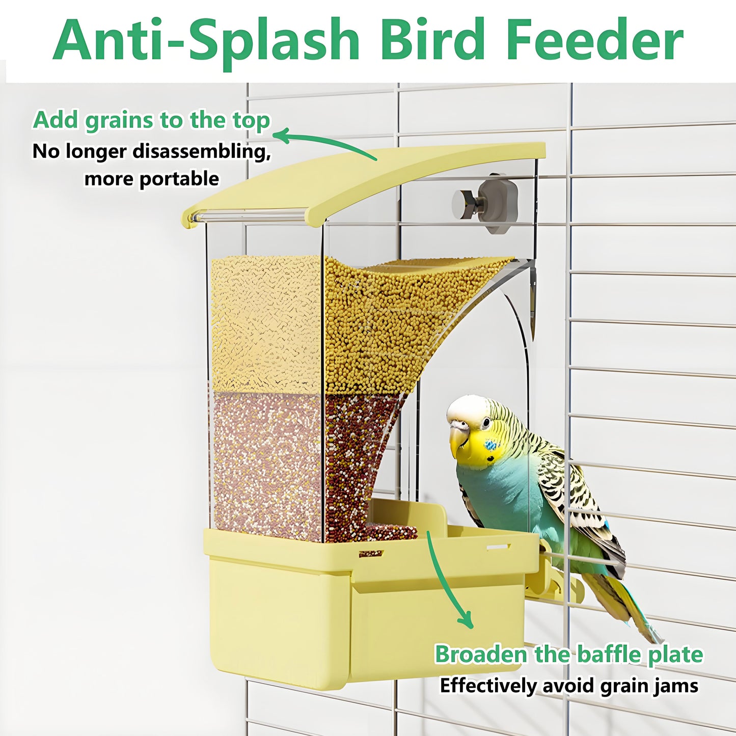 Rywell Automatic No Mess Bird Feeder with Perch – Acrylic Bird Cage Seed Food Container for Parakeets, Budgies, Finches, Lovebirds & Canaries