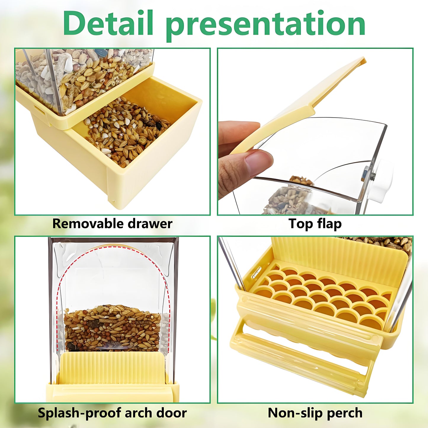Rywell Automatic No Mess Bird Feeder with Perch – Acrylic Bird Cage Seed Food Container for Parakeets, Budgies, Finches, Lovebirds & Canaries