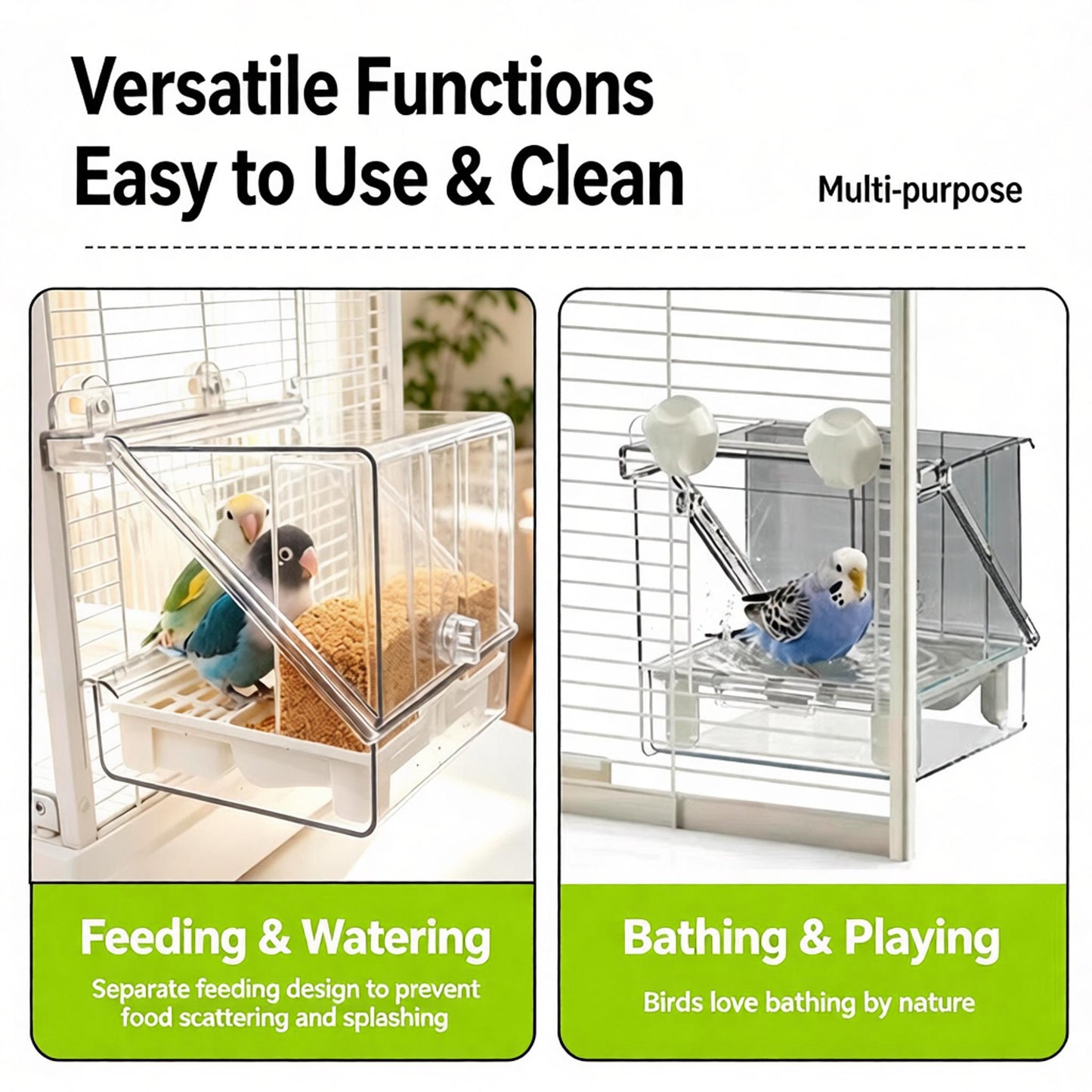 Rywell Transparent Acrylic Bird Bath & Feeder – 2-in-1 Hanging Bird Cage Accessory for Parrots, Budgies, Conures, Lovebirds, Cockatiels, Finches & Canaries