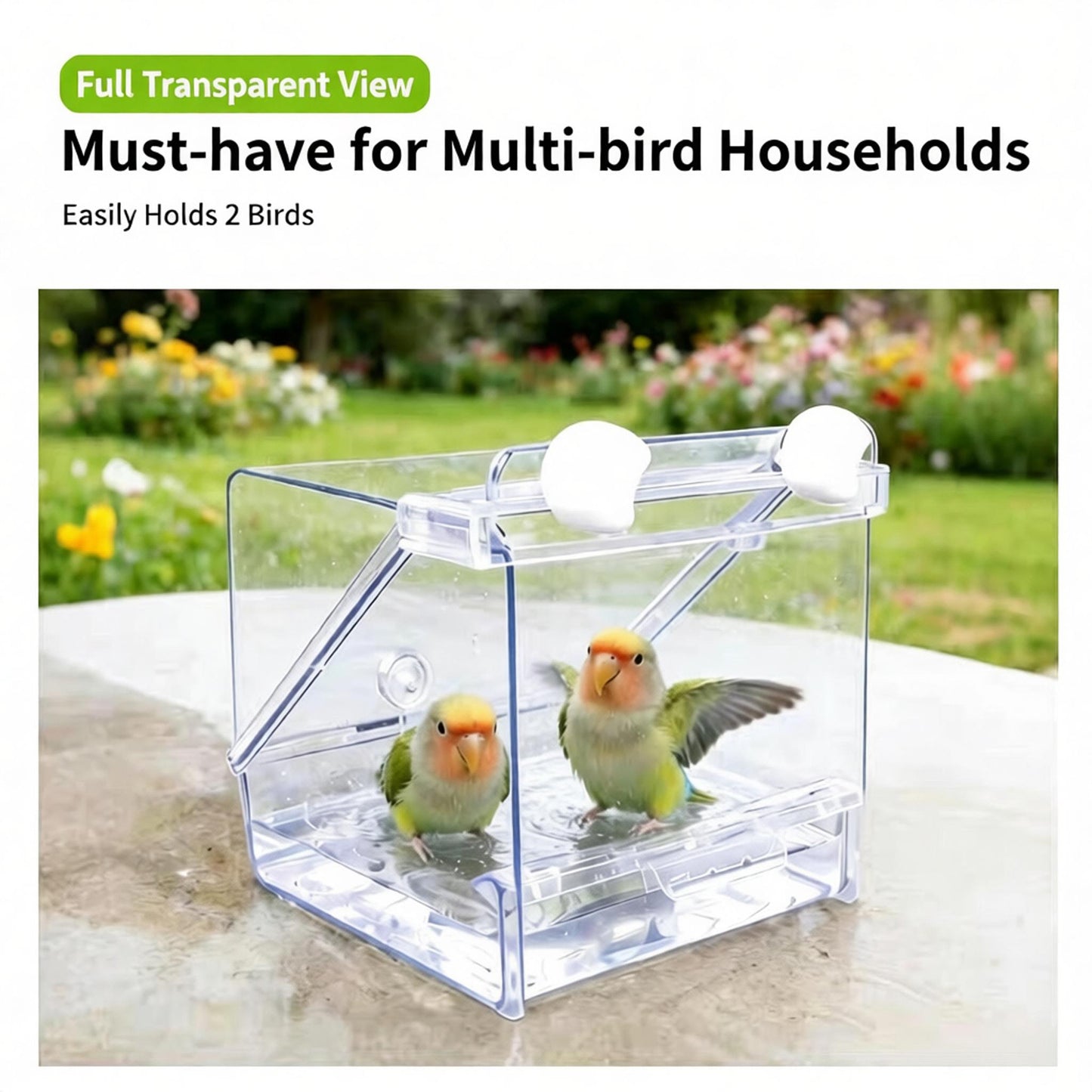 Rywell Transparent Acrylic Bird Bath & Feeder – 2-in-1 Hanging Bird Cage Accessory for Parrots, Budgies, Conures, Lovebirds, Cockatiels, Finches & Canaries