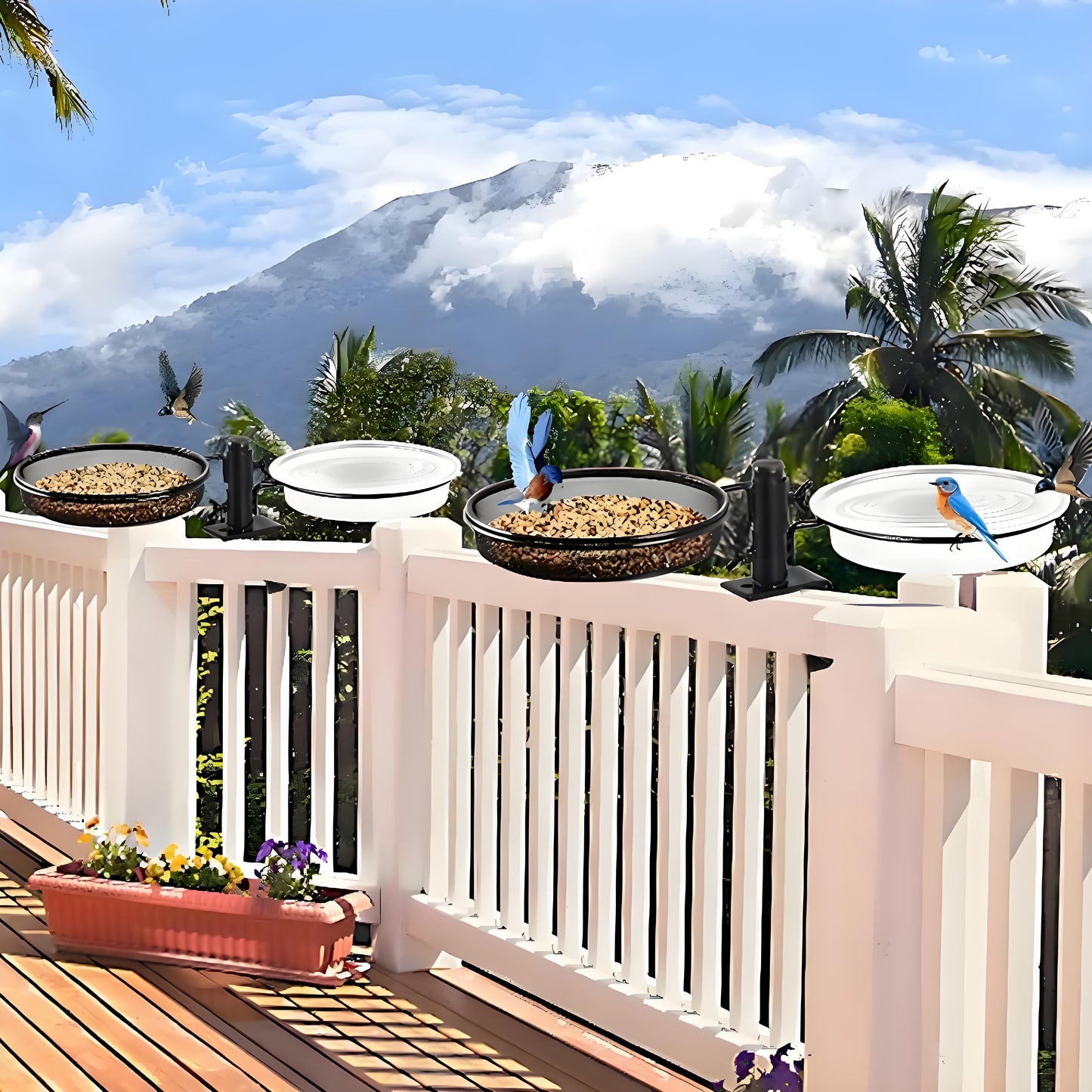 Rywell Deck Bird Feeder & Water Bath – Detachable Balcony & Porch Railing Tray with Metal Mesh and Water Bowl for Attracting Birds