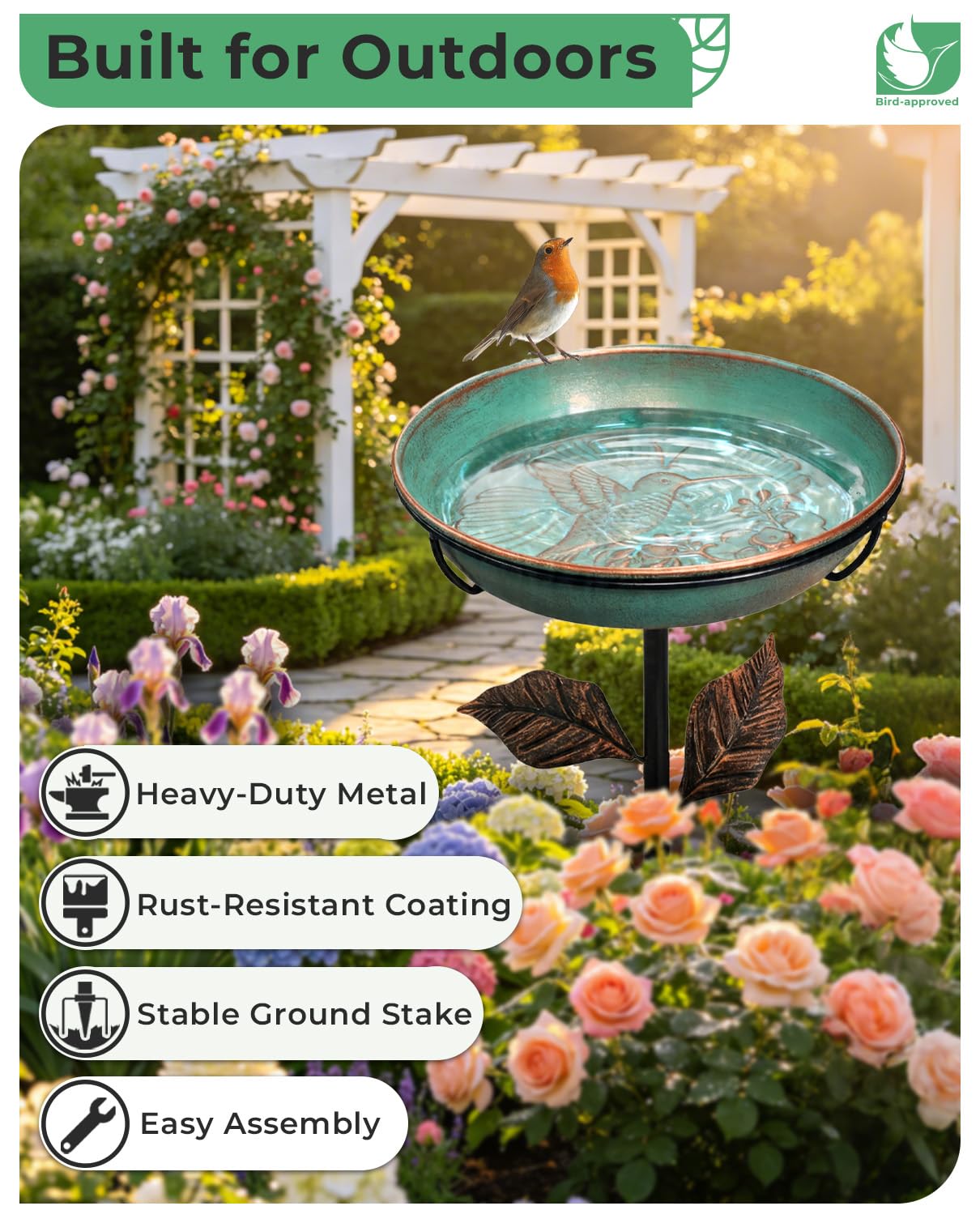 Habwell Metal Bird Bath for Outside 12" Bowl – Hummingbird Embossed Garden Birdbath with Stake | Removable Bowl, Rust Resistant Outdoor Water Bowl for Small Birds, 36" Yard Lawn Decor
