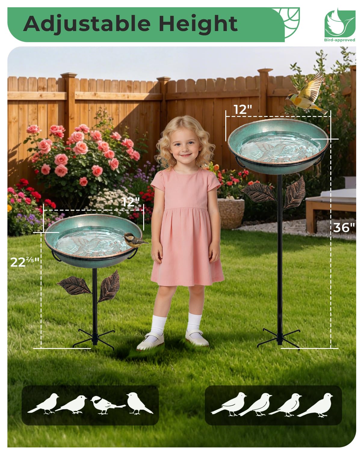 Habwell Metal Bird Bath for Outside 12" Bowl – Hummingbird Embossed Garden Birdbath with Stake | Removable Bowl, Rust Resistant Outdoor Water Bowl for Small Birds, 36" Yard Lawn Decor