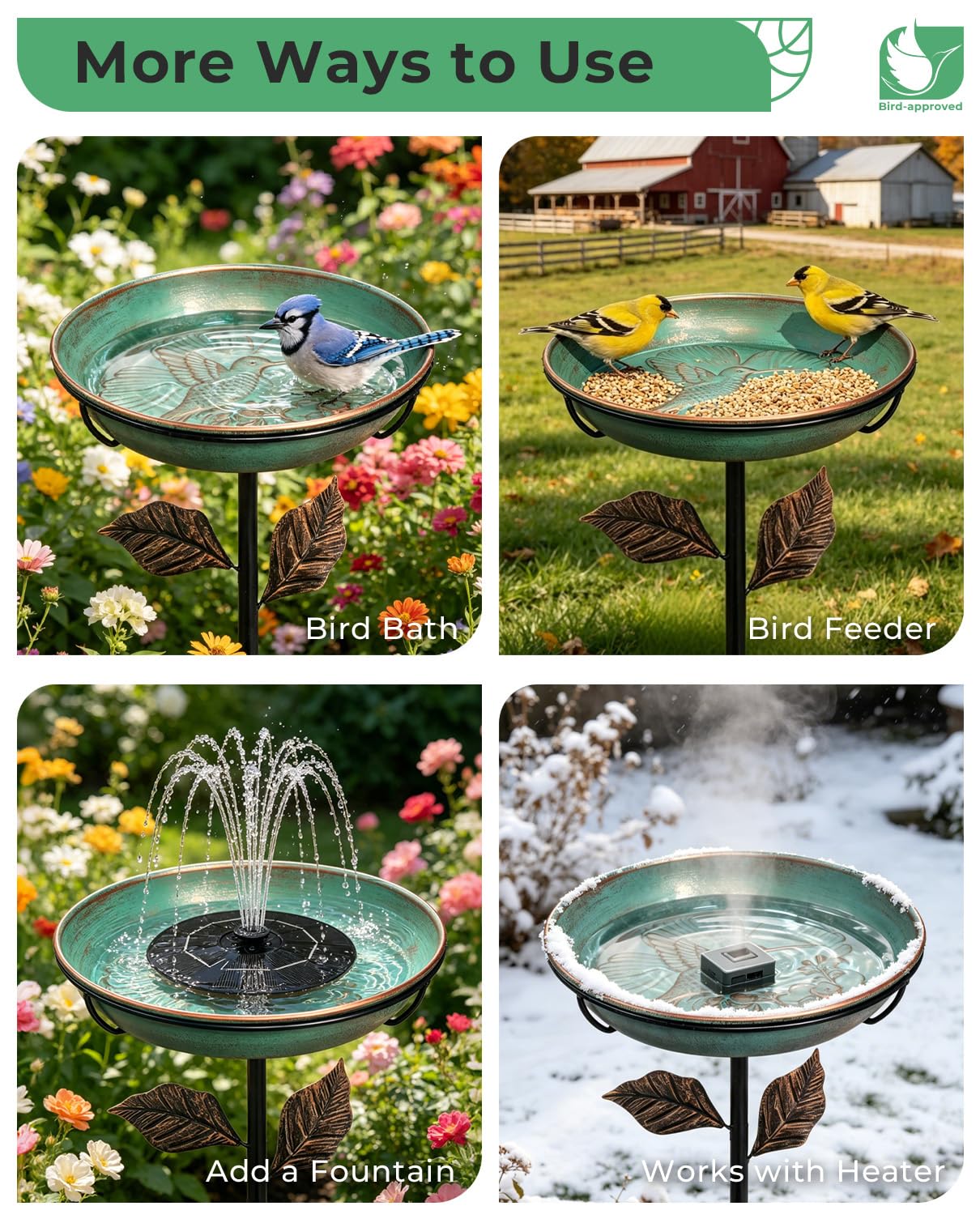 Habwell Metal Bird Bath for Outside 12" Bowl – Hummingbird Embossed Garden Birdbath with Stake | Removable Bowl, Rust Resistant Outdoor Water Bowl for Small Birds, 36" Yard Lawn Decor