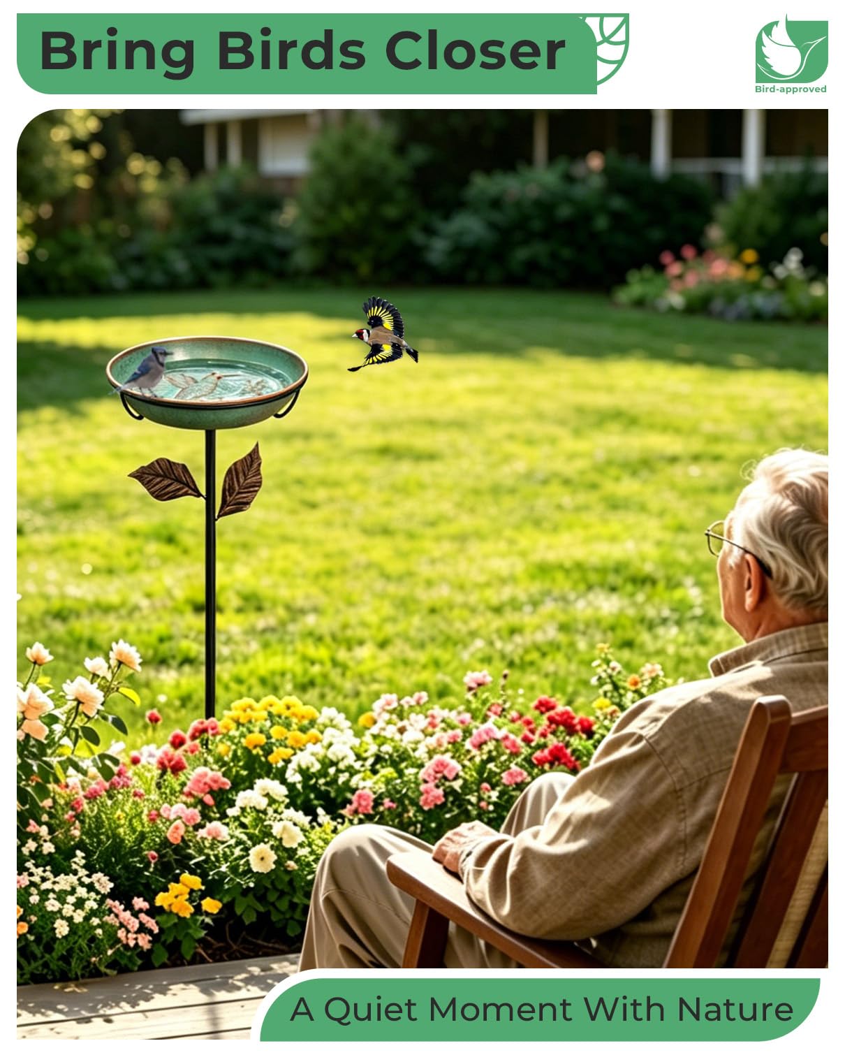 Habwell Metal Bird Bath for Outside 12" Bowl – Hummingbird Embossed Garden Birdbath with Stake | Removable Bowl, Rust Resistant Outdoor Water Bowl for Small Birds, 36" Yard Lawn Decor