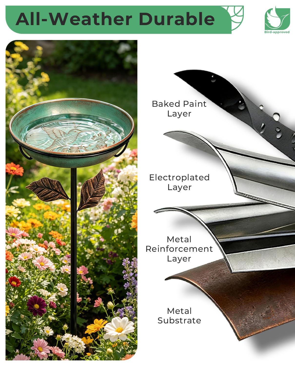 Habwell Metal Bird Bath for Outside 12" Bowl – Hummingbird Embossed Garden Birdbath with Stake | Removable Bowl, Rust Resistant Outdoor Water Bowl for Small Birds, 36" Yard Lawn Decor